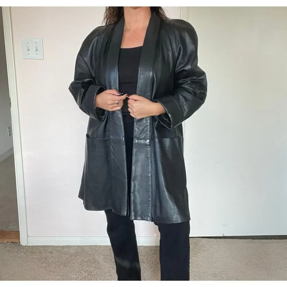 Vintage DERO Rocco D’Amelio Oversized Black Leather Open Front Coat Jacket